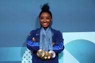 Simone Biles of Team United States with her Paris 2024 Olympic medals at the Olympic Games 2024 in Paris, France. (Photo by Getty Images)